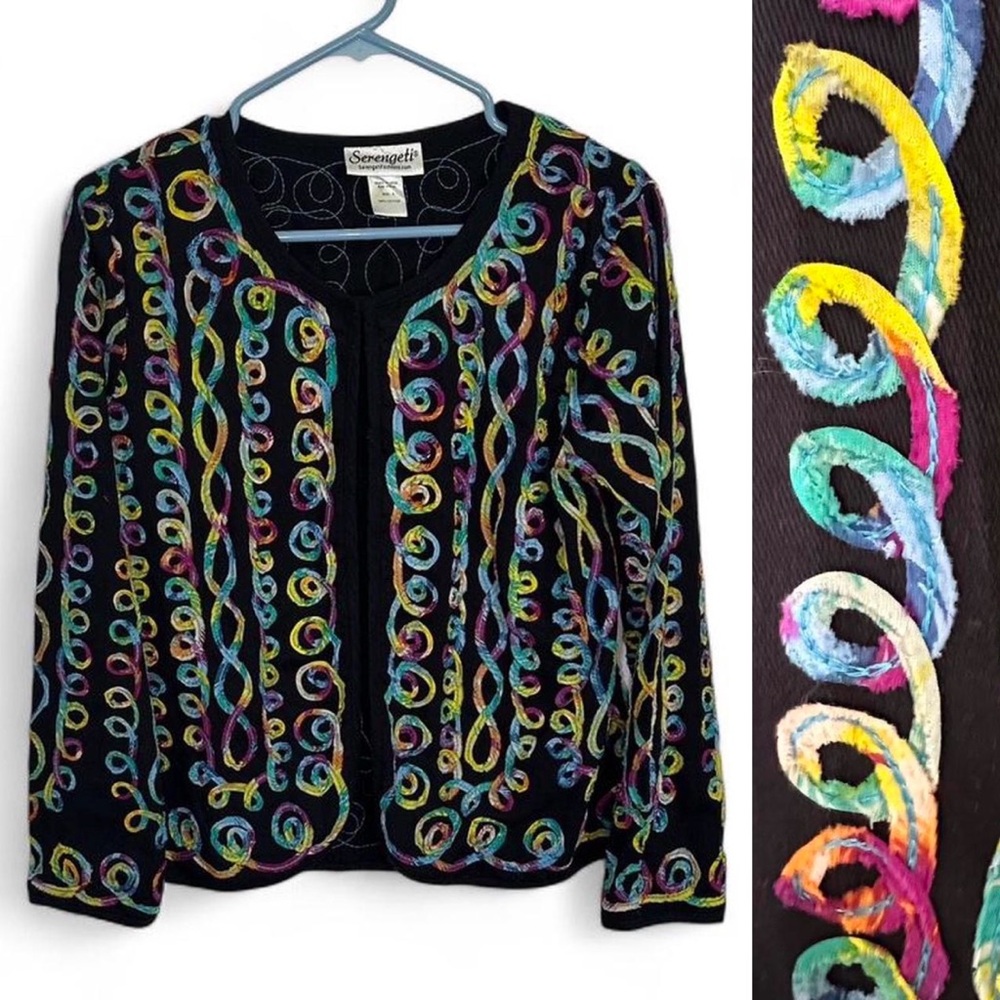 Vintage 90s Rainbow Swirl Appliqué Multicolored Open Front Jacket -  Size Small